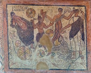 Romeins mozaïek uit de 4e eeuw na Christus dat een Bacchische scène uitbeeldt door . .