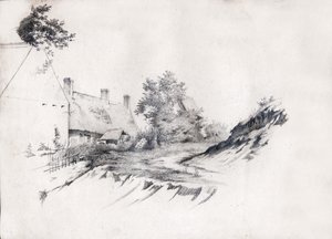 Een boerderij met rieten dak in centraal Frankrijk. ca 1850 door . .