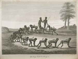 Aboriginal mannen die honden imiteren, Australië door Frederick (attr. to) Barnard