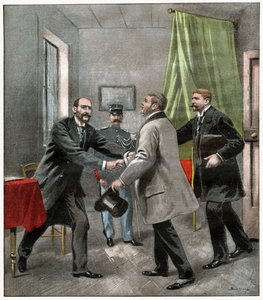 Alfred Dreyfus met zijn advocaten door . .