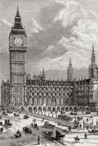 Big Ben en de Houses of Parliament, Londen, Engeland, gezien in de 19e eeuw. door . .