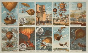 Verzamelkaarten met afbeeldingen van gebeurtenissen in de ballonvaartgeschiedenis van 1795 tot 1846, c.1900