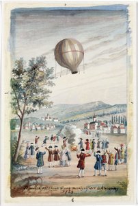 Eerste opstijging van een Montgolfier in Annonay, Frankrijk, 5 juni 1783 door Frederick (attr. to) Barnard