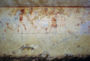 Begrafenisstoet met dansers en muzikanten, fresco, Tombe van Blauwe Demonen, Necropolis van Tarquinia, Lazio, Italië, Etruskische beschaving, 5e eeuw v.Chr. door Georg Carl Heinrich Dollmann