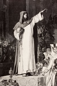 Girolamo Savonarola, Italiaanse Dominicaanse monnik die predikte tegen immoraliteit en luxe die tot zonde zou verleiden, naar een werk van De Langemantels, uit 