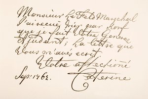 Handschriftvoorbeeld van keizerin Catharina II van Rusland, bekend als Catharina de Grote door Ferdinand Georg Waldmuller