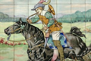 Interieur, tegelpaneel, schilder Furcy Ernest Tondeur, uitvoerder Boch Frères La Louvière, tweede paneel toont jachtscène met galopperende ruiter met jachthoorn