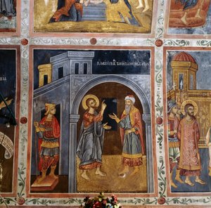 Jezus spreekt tot Pontius Pilatus, fresco gewelf met scènes uit het leven van Jezus, Mikro Sotiris klooster, Symi eiland, Griekenland door Georg Carl Heinrich Dollmann