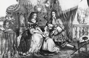 Koning Lodewijk XIV en zijn dochter smeken hertogin Louise de La Valliere om zich niet terug te trekken in het klooster door Georg Carl Heinrich Dollmann