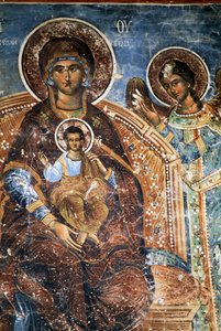 Madonna met Kind en Engel, fresco in klooster van Ano Pedina, nabij Papigo, Zagoria, Epirus, Griekenland door Georg Carl Heinrich Dollmann