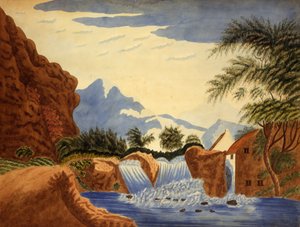 Berglandschap en waterrad, ca. 1820-70 door . .