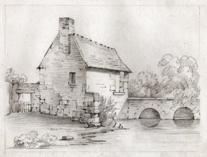 Boerenhuis aan de rand van een rivier. circa 1830 (illustratie) door . .