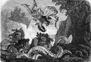 Perseus vecht tegen de Gorgon door . .
