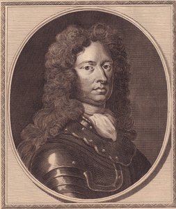 Portret van de Engelse soldaat Thomas Tollemache, kopergravure door John Goldar naar schilderij van G Kneller door William Walcutt