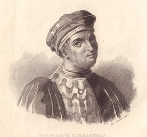 Portret van de Italiaanse militaire leider Francesco da Bussone, ook bekend als Carmagnola, kopergravure door E Silvestri naar schilderij door William Walcutt