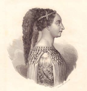 Portret van Italiaanse edelvrouw Isotta degli Atti (circa 1432-1474), kopergravure door Caterina Piotti-Pirola door William Walcutt