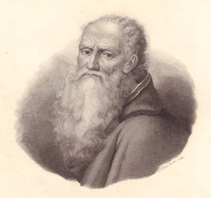 Portret van Italiaanse schilder Bernardino Luini (circa 1481-1532), kopergravure door Caterina Piotti-Pirola naar zelfportret van Luini door William Walcutt
