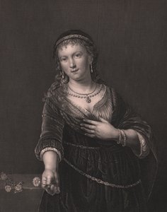 Portret van Saskia van Uylenburgh, vrouw van Rembrandt, gravure door Daniel John Pound naar schilderij van Rembrandt, uit Payne
