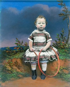 Portret van een kind met een hoepel, handgekleurde ambrotype, ca. 1860