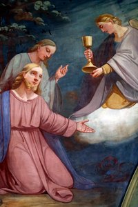 Rumilly kerk. Muurschildering. Jezus die bidt in de tuin van Getsemane na het Laatste Avondmaal. Frankrijk.