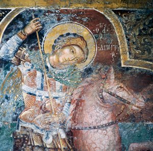 Heilige te paard, fresco in kerk van Thari klooster, Rhodos eiland, Griekenland