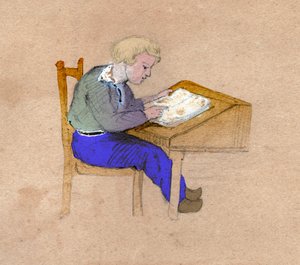 Schooljongen aan het werk aan zijn bureau door . .
