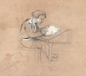 Schooljongen aan het werk aan zijn bureau, ca. 1830