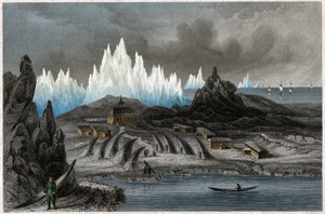 De kolonie van de Moravische broeders in Akunnat, Groenland (Lichtenfels) (gravure)