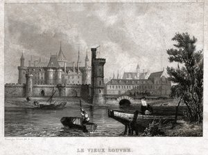 Het Oude Louvre, begin 19e eeuw (gravure) door . .
