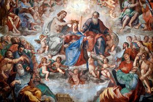 De kroning van de Maagd. Fresco. San Donato kerk. Genua. Italië.