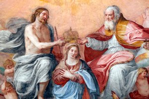 De kroning van de Maagd. Fresco. De Basilica della Santissima Annunziata del Vastato. Genua. Italië.