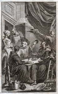 Het feest van monniken die kloosterregels overtreden. Ze drinken wijn, flirten met de dienstmeisjes. 18e eeuw (gravure)