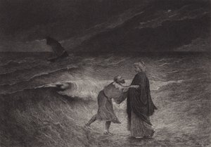 Jezus en Sint Petrus op zee door after Albert Robida