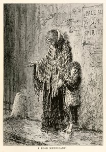 Een arme bedelaar, uit De reis om de wereld in tachtig dagen door Jules Verne, gegraveerd door Louis Dumont, 1873