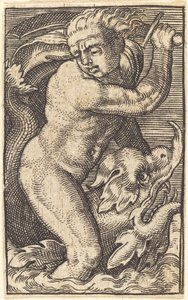 Kopie in Spiegelbeeld van "Zee-God naar Links Rijdend op een Dolfijn" door after Barthel Beham