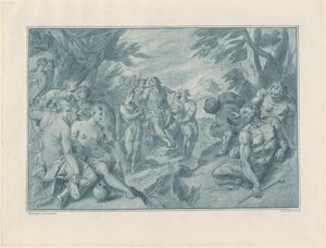 De muzikale wedstrijd tussen Apollo en Pan door after Bartholomaeus Spranger Andrea Scacciati