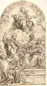 De onbevlekte ontvangenis met de heiligen Johannes de Evangelist, Gregorius de Grote, Johannes Chrysostomus en Augustinus door after Carlo Maratti