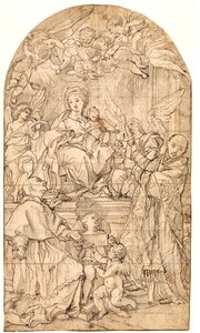 De Madonna en Kind op de troon, geflankeerd door engelen en de heiligen Charles Borromeo en Ignatius van Loyola door after Carlo Maratti