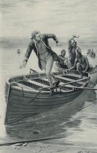 Kapitein James Cook springt uit zijn boot terwijl de Indianen erin springen door after Charles Mills Sheldon