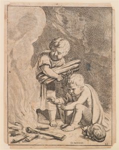 Twee kinderen maken vuur door after Cornelis Holsteyn