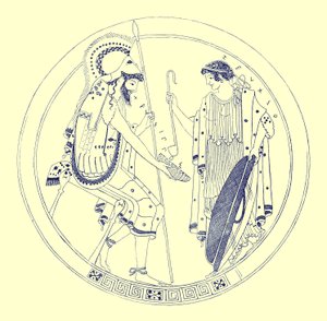 Een zittende krijger houdt zijn wijnbeker vast, illustratie uit Griekse Vaas Schilderijen door J. E. Harrison en D. S. MacColl, gepubliceerd 1894 door after English School