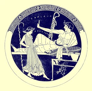 Dansend meisje en feestende jongeman, illustratie uit Griekse Vaas Schilderijen door J. E. Harrison en D. S. MacColl, gepubliceerd 1894 door after English School