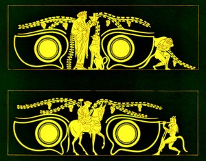 Dionysos, Hephaistos en satyrs, illustratie uit Griekse Vaas Schilderijen door J. E. Harrison en D. S. MacColl, gepubliceerd 1894 door after English School