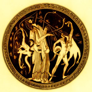 Dionysos en satyrs, illustratie uit Griekse Vaas Schilderijen door J. E. Harrison en D. S. MacColl, gepubliceerd 1894 door after English School
