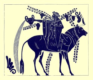 Dionysus rijdt op een stier, illustratie uit Griekse Vaas Schilderijen door J. E. Harrison en D. S. MacColl, gepubliceerd 1894 door after English School