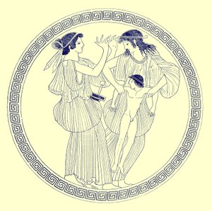 Prokne, Philomela en Itys, illustratie uit Griekse Vaas Schilderijen door J. E. Harrison en D. S. MacColl, gepubliceerd 1894