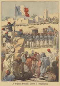 Het hijsen van de Franse vlag in Timboektoe door after Frederic Theodore Lix