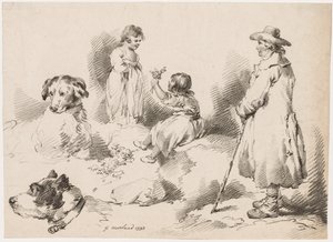 Studies van Kinderen (Twee Kleine Meisjes); Twee Honden; Een Man door after George Morland