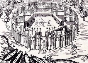 Een Guarani-dorp, uit Gottfrieds Historia Antipodum, gepubliceerd in 1655, uit The Romance of the River Plate, Vol. I, door W. H. Koebel, 1914 door after German School