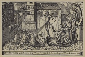 Vuurwerk bij het kasteel van de Markgraaf van Brandenburg in Colln aan de rivier de Spree ter gelegenheid van het bezoek van Koning Christiaan IV van Denemarken, 10 oktober 1595